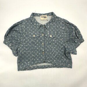 Savanna Jane Size Large Blue Denim Sequin Puff Sleeve Boho Cropped Jean Jacket